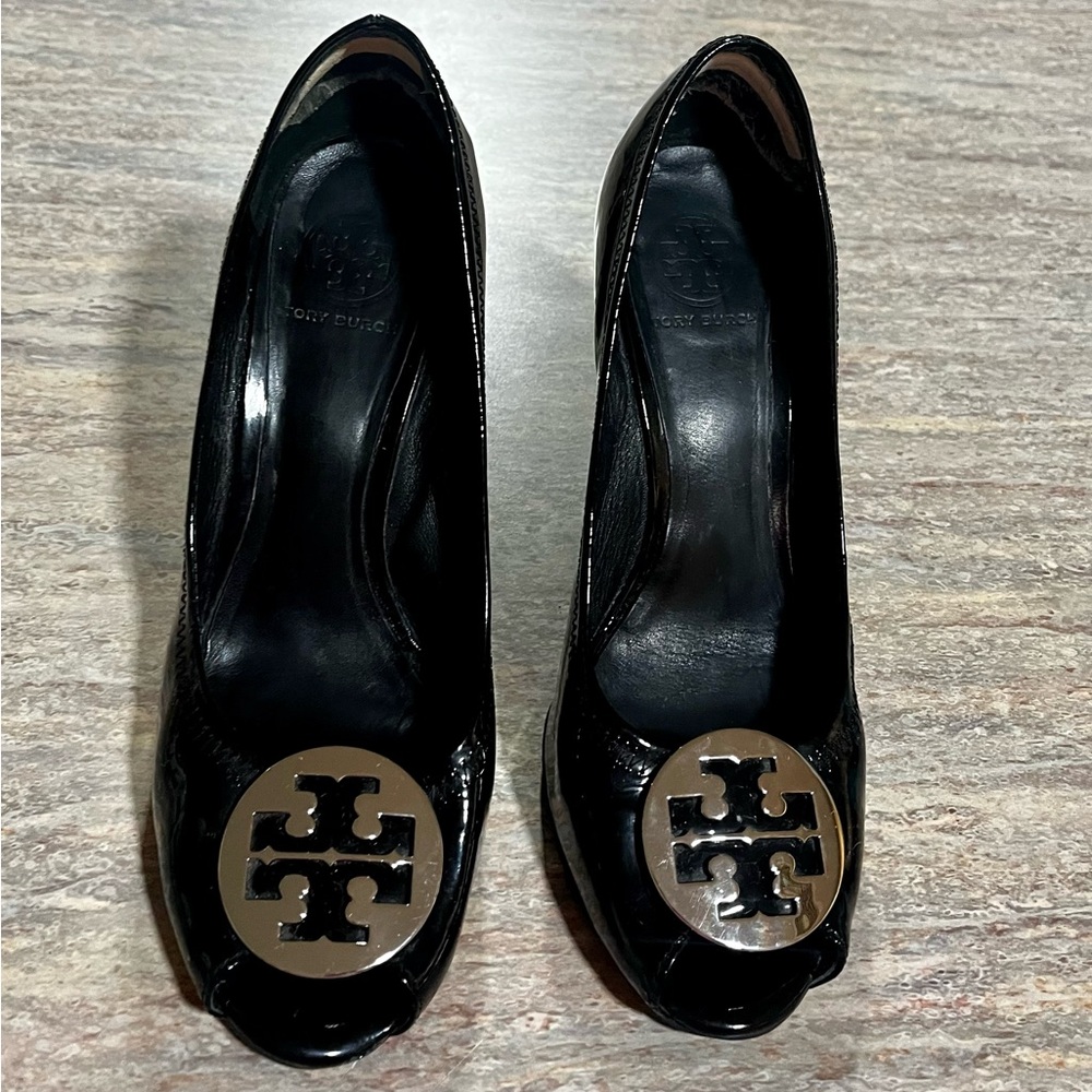 Tory Burch Open Toe Black Glossy Wedge Shoe with Silver Accent